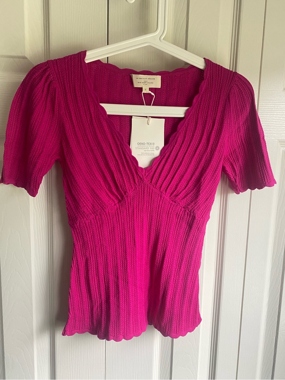 NWT Sezane Cloe Jumper Fitted Rib Knit Top in Fuchsia Pink Size S - Picture 4 of 11